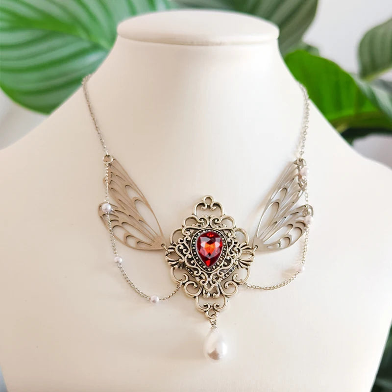 Witch Fairy Elves Butterfly Wings with Crystal Pendant Chain Necklace Forest Fairy Jewelry for women