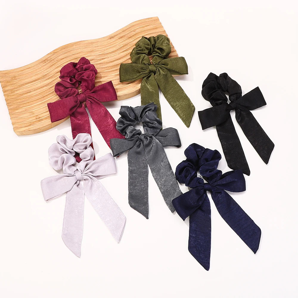 Fashion Vintage Solid Chiffon Velvet Bow Hair Ribbon Scrunchie for Women Girls Long Elastic Hair Tie Headwear Hair Accessories