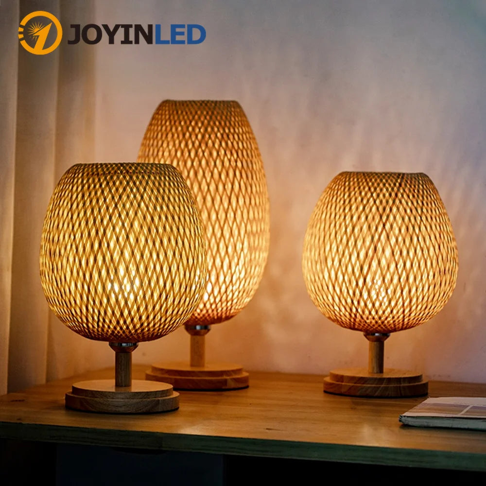 Dimmable Table Lamp, Rattan Bedside Lamp with Small Vintage Nightstand Light for Bedroom Living Room Desk Wooden Wicker Shade