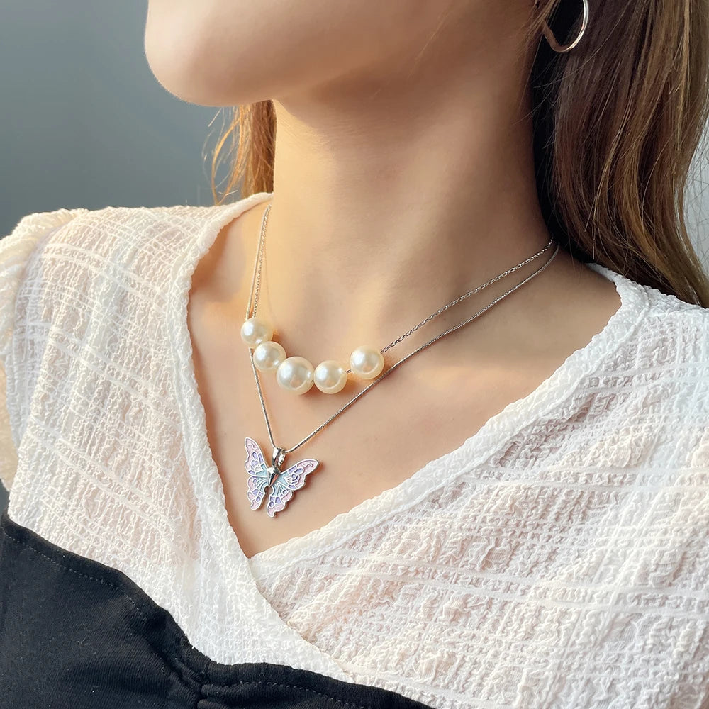 Fairytopia Mermaidia Enamel Butterfly Necklace For Women Thai Pop Imitation Pearl Necklace Multilayer Jewelry