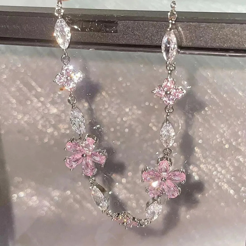 Sweet Fairy Pink Crystal Zircon Sakura Flowers Bracelet for Women Exquisite Cherry Blossom Bracelets Girls Jewelry Gifts