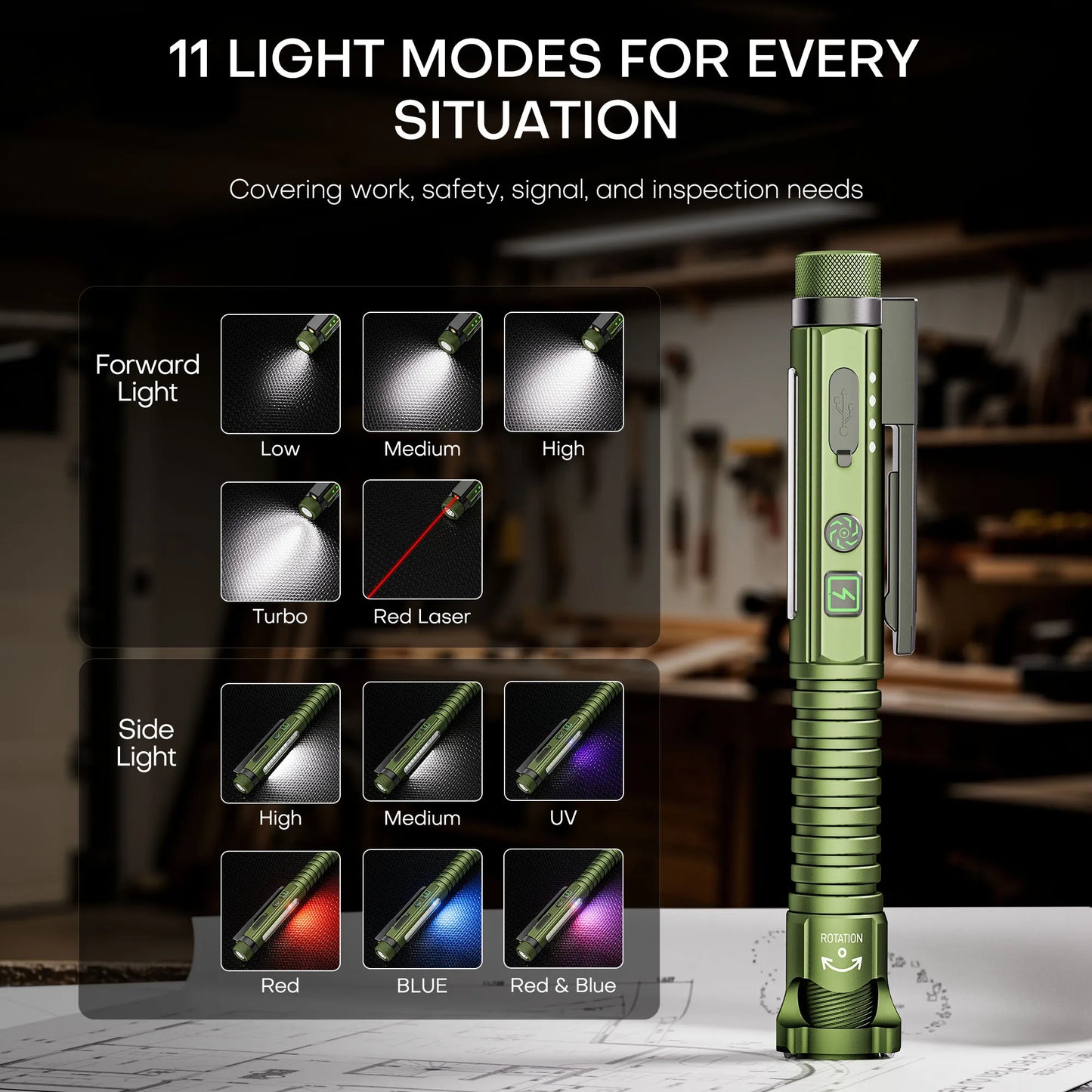 Magnetic LED Flashlight, 800 Lumen Rechargeable Flashlight, Laser Pointer, Hands-Free, USB Charging Cable, for Work and Outdoor