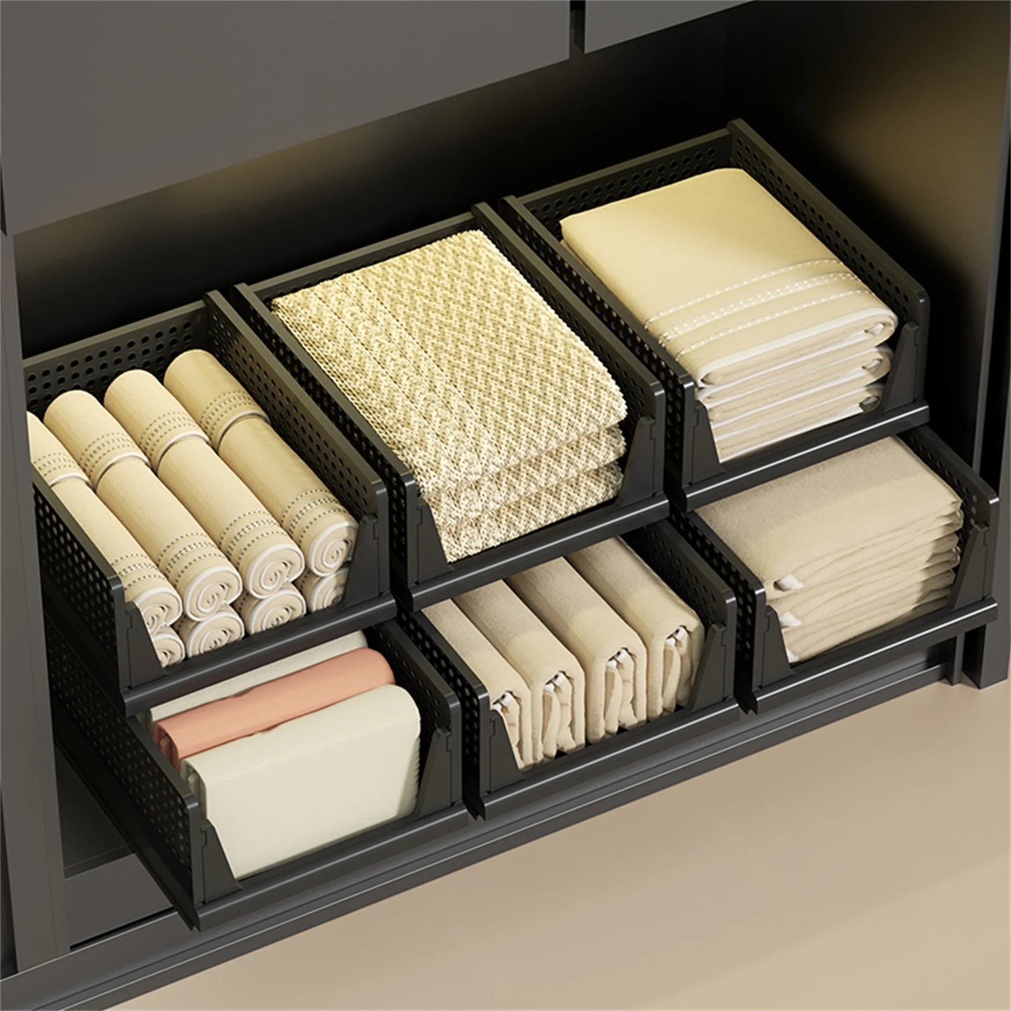 Clothes storage baskets can be stacked with drawer storage baskets, wardrobes, layered partitions, and pull-out folding storage