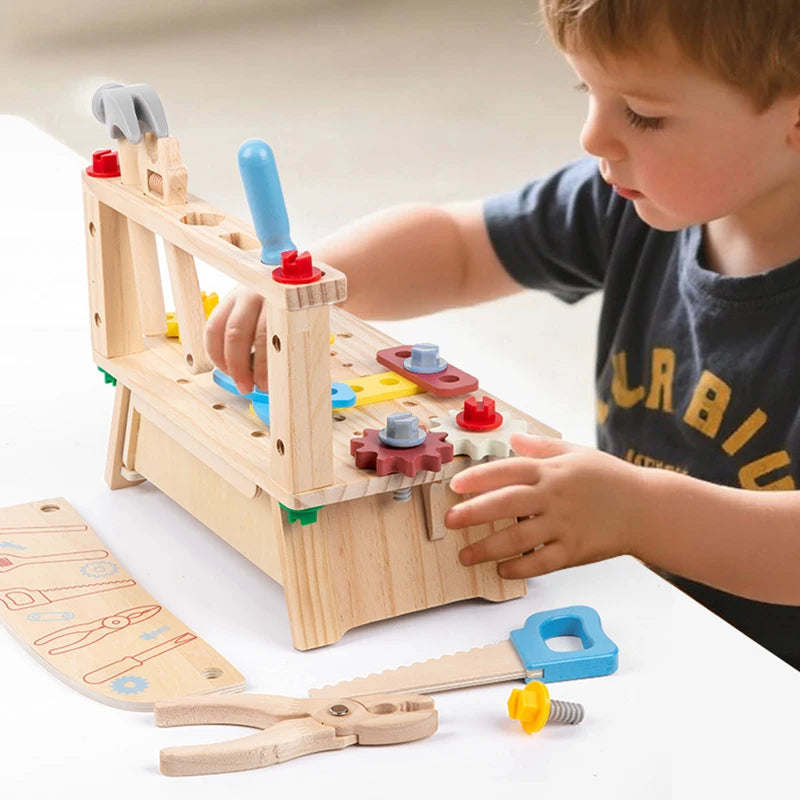Tool Bench for Kids Toy Play Workbench Wooden Tool Bench Workshop Workbench with Tools Set Wooden Construction Bench Toy for Boy