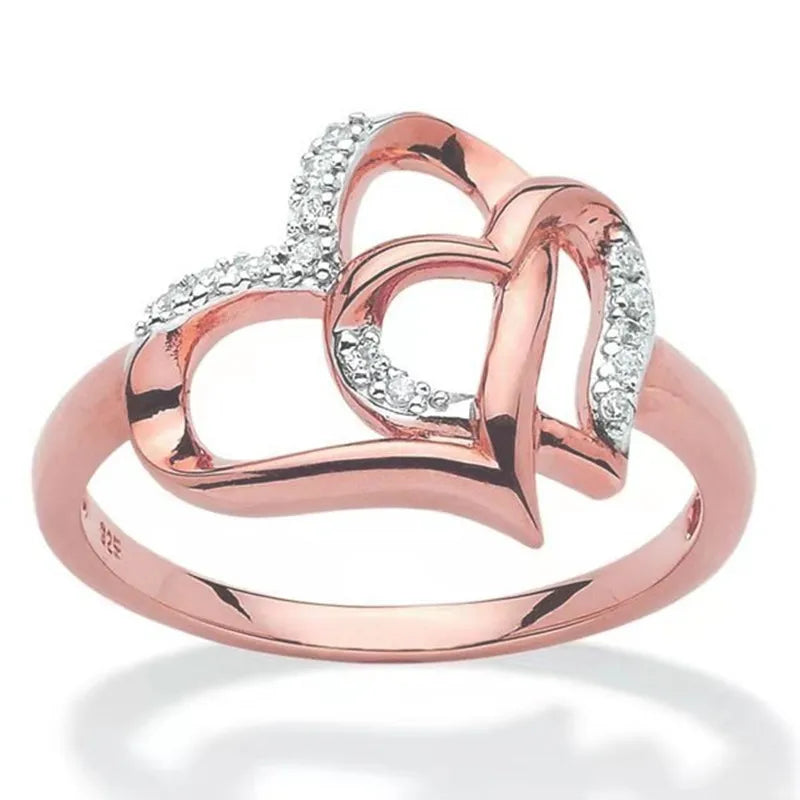 fashion Delicate Double Heart Finger Ring For Women CZ Zirconia Crystal Hollow Out Wedding Party Ring Gifts 2021