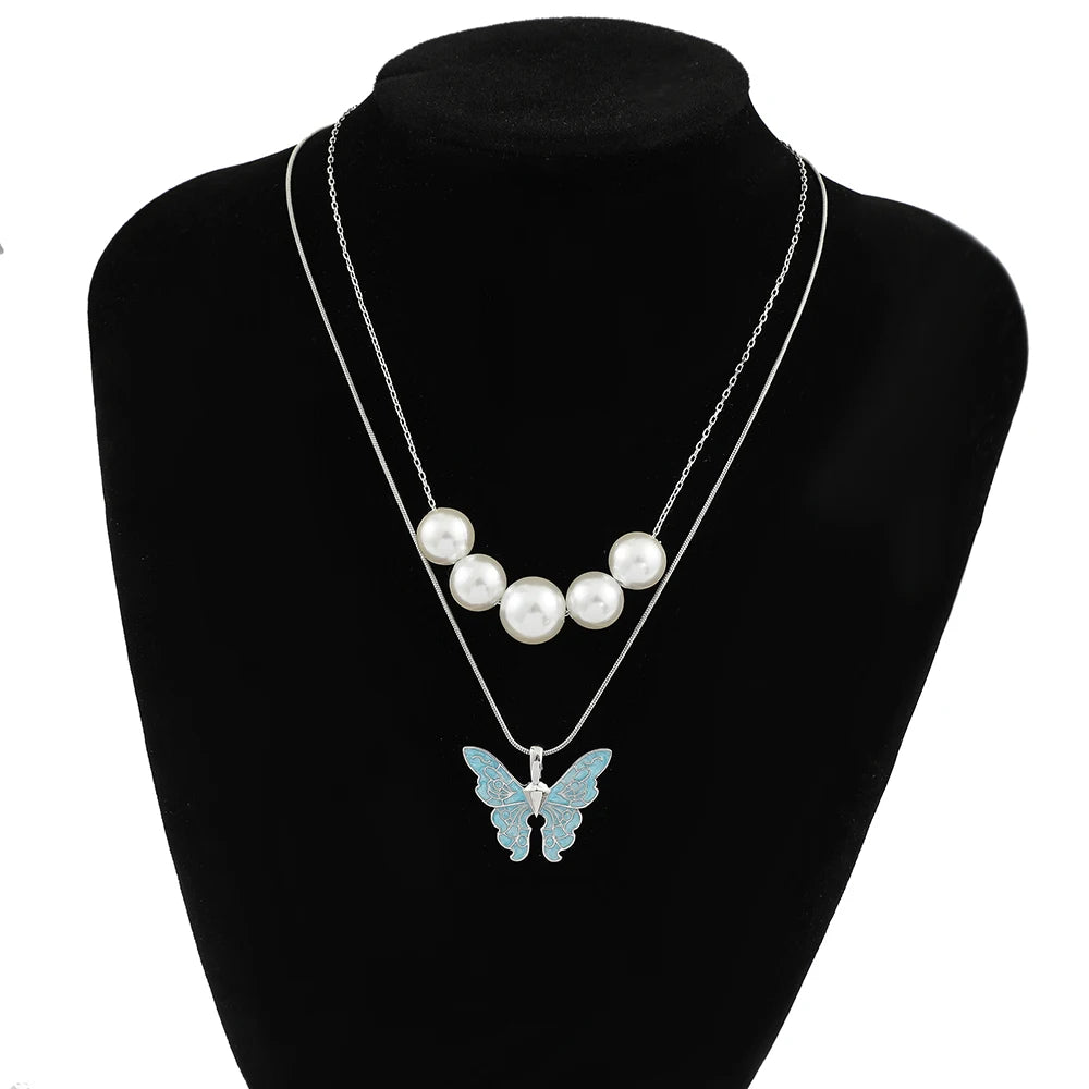 Fairytopia Mermaidia Enamel Butterfly Necklace For Women Thai Pop Imitation Pearl Necklace Multilayer Jewelry