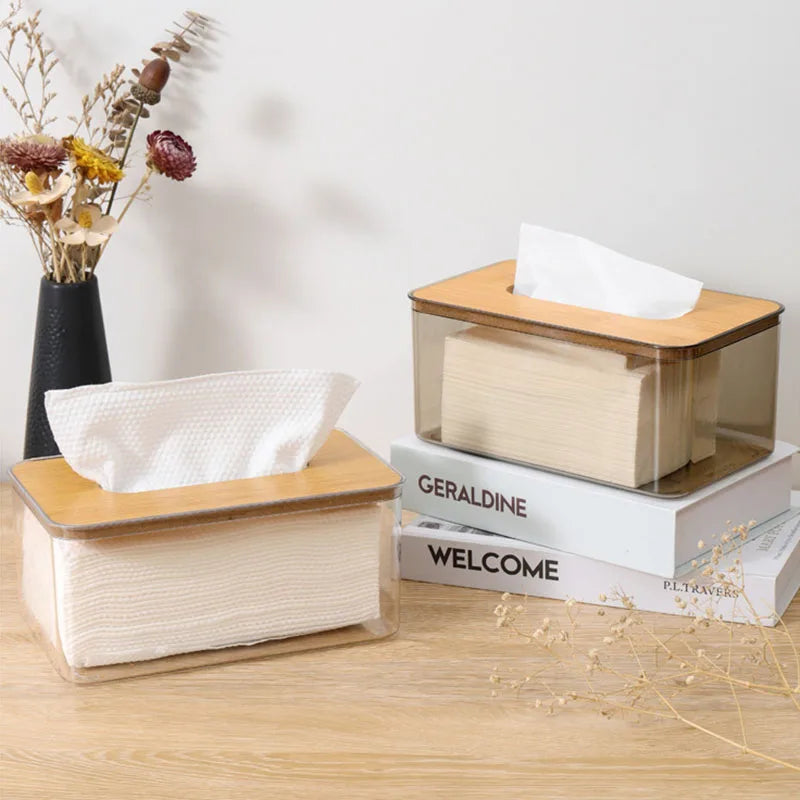 Wooden top tissue box, transparent grey PET base - multi-sized tabletop storage box for living room, smooth sliding opening