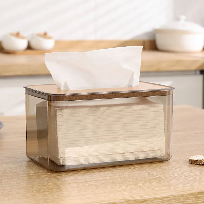 Wooden top tissue box, transparent grey PET base - multi-sized tabletop storage box for living room, smooth sliding opening