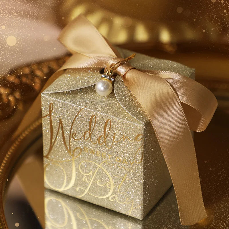New Wedding Candy Box With Pearl Ribbon Bow High-End Gift Chocolate Box High Quality Glitter Powder Shell Gift Box