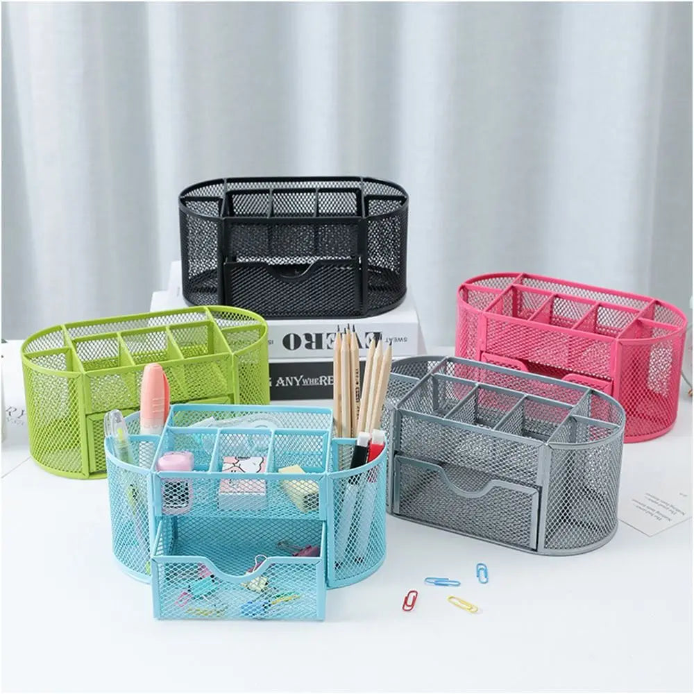 Office School Supplies With Drawer 9-Grid Storage Desk Organizer Stationery Container Metal Mesh Pen Holder