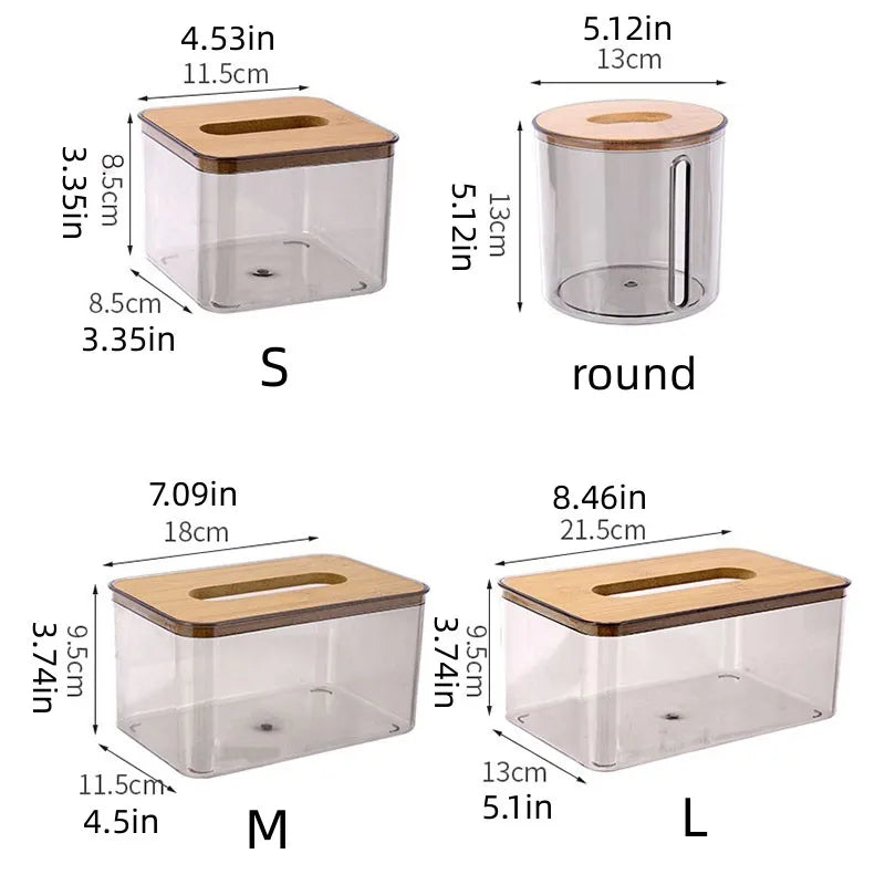 Wooden top tissue box, transparent grey PET base - multi-sized tabletop storage box for living room, smooth sliding opening
