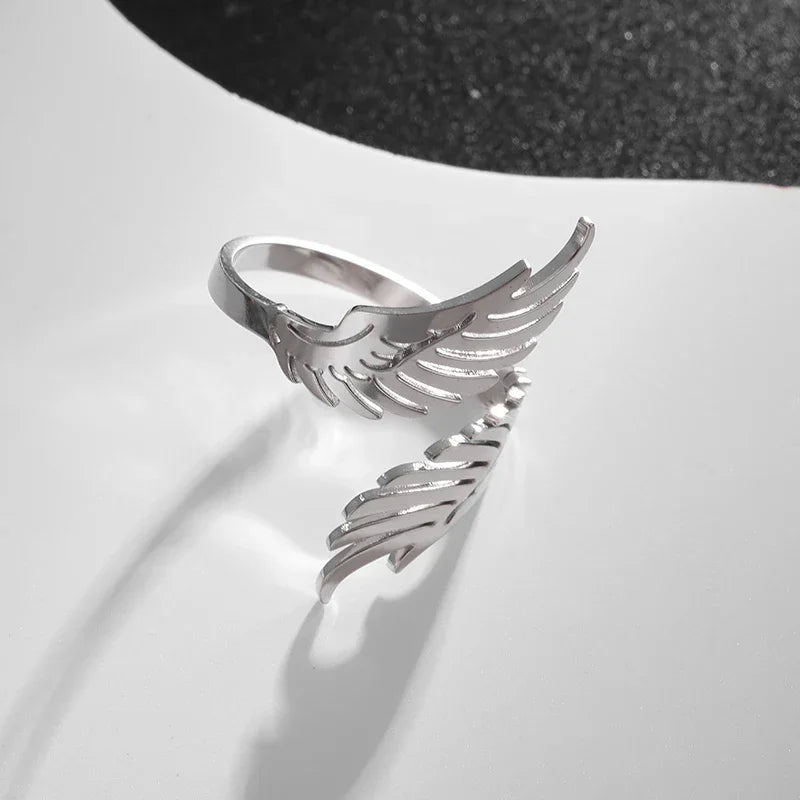 Stainless Steel Angel Wing Ring Open Adjustable Feather Ring for Men Women Couple Fashion Jewelry Anniversary Gift