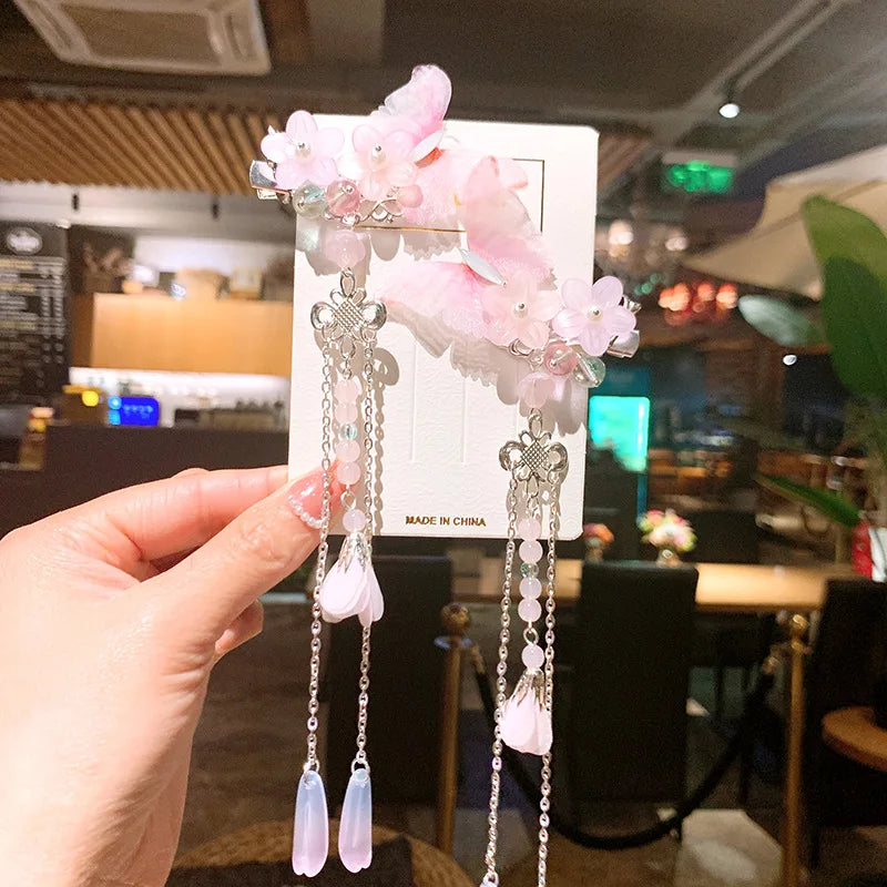 1pair Chinese Style flower Hairpin Cute Girl Candy Color Tassel Butterfly Hair Clip Retro Hanfu Barrettes Women's Hair Accessori