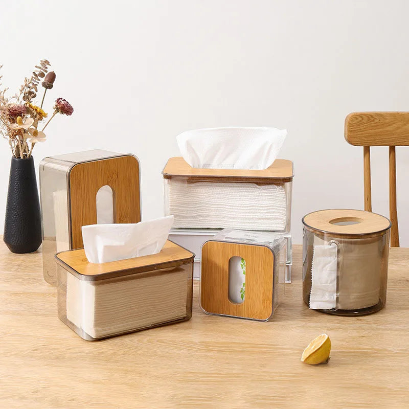 Wooden top tissue box, transparent grey PET base - multi-sized tabletop storage box for living room, smooth sliding opening