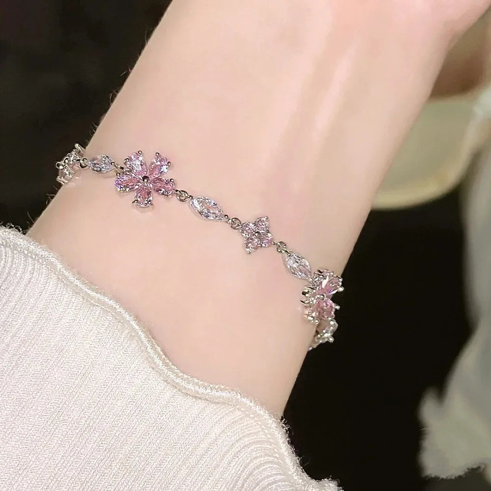 Sweet Fairy Pink Crystal Zircon Sakura Flowers Bracelet for Women Exquisite Cherry Blossom Bracelets Girls Jewelry Gifts