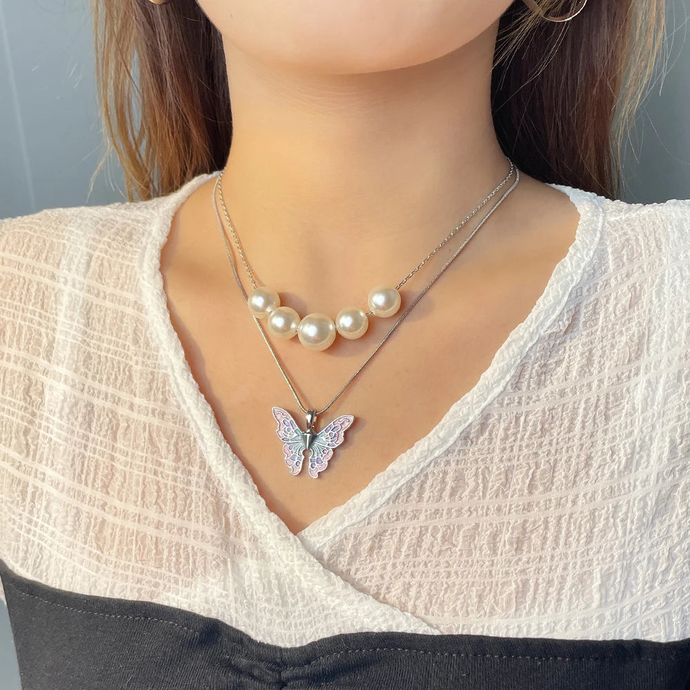 Fairytopia Mermaidia Enamel Butterfly Necklace For Women Thai Pop Imitation Pearl Necklace Multilayer Jewelry
