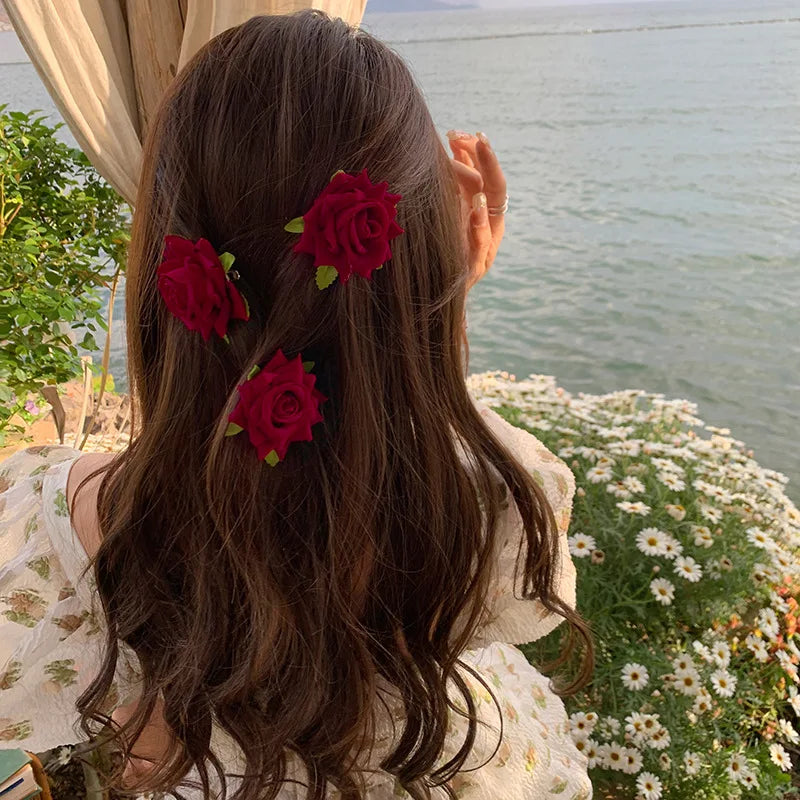U Shaped Red Hairpins Hair Clips Wedding Hair Accessories For Women Rose Flower Headpieces Forks Bride Headdress Hair Jewelry