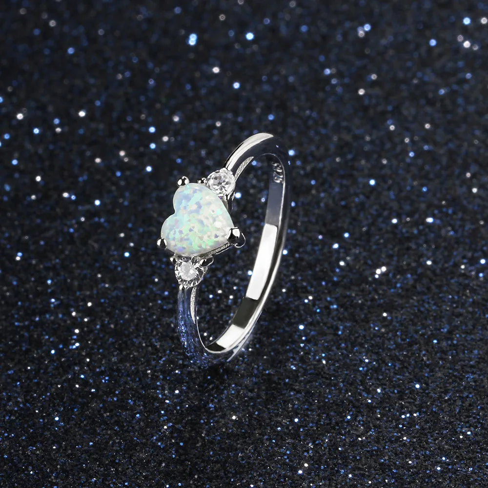 Trumium 100% 925 Sterling Silver Heart Shaped White Opal Engagement Promise Band Ring for Women Heart Halo Cubic Zirconia Ring