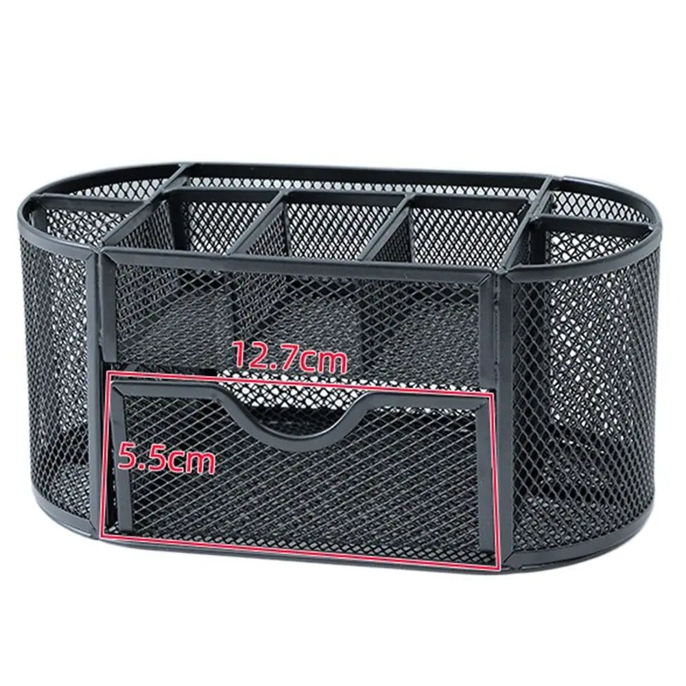 Office School Supplies With Drawer 9-Grid Storage Desk Organizer Stationery Container Metal Mesh Pen Holder