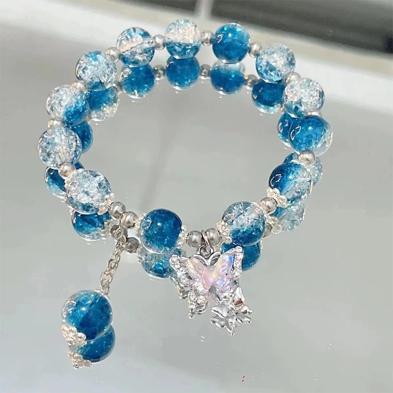 Fashion Butterfly Beaded Bracelets For Women Girls Imitation Jade Bohemian Crystal Charm Elastic Rope Bracelet Hand Jewelry