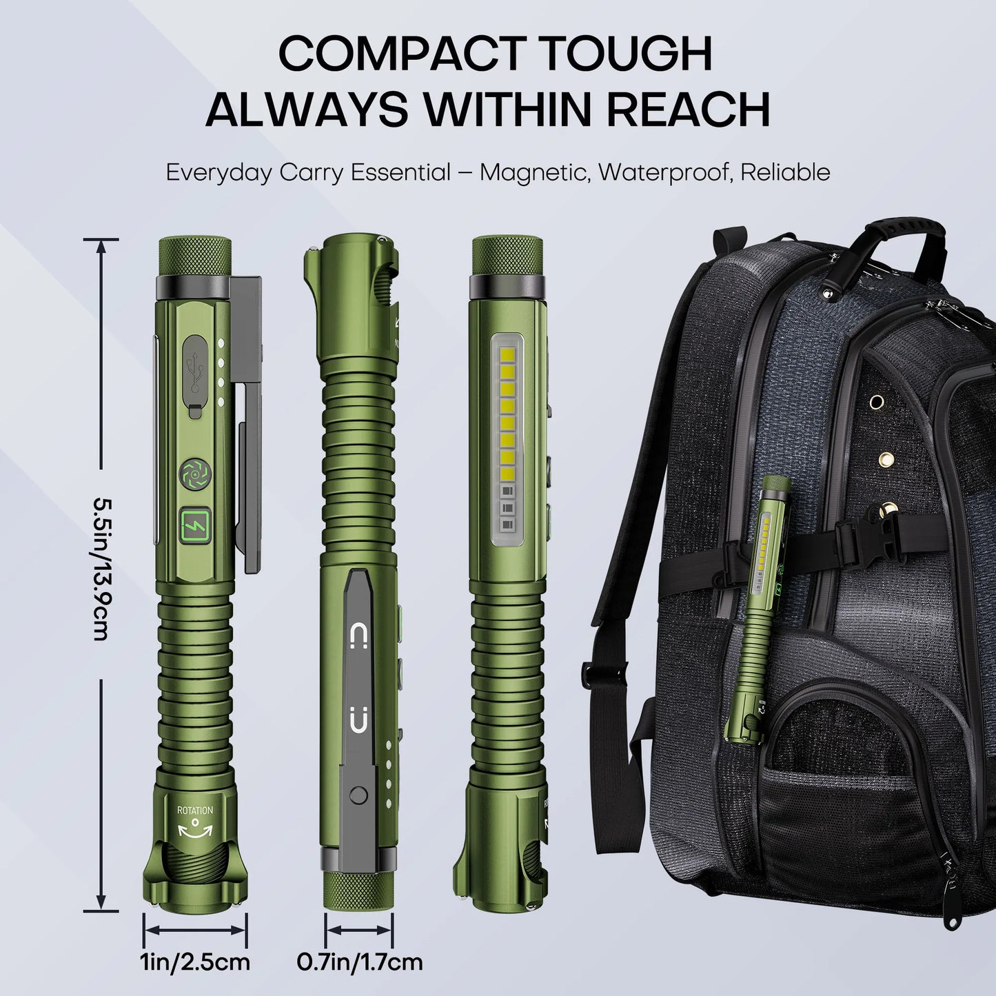 Magnetic LED Flashlight, 800 Lumen Rechargeable Flashlight, Laser Pointer, Hands-Free, USB Charging Cable, for Work and Outdoor