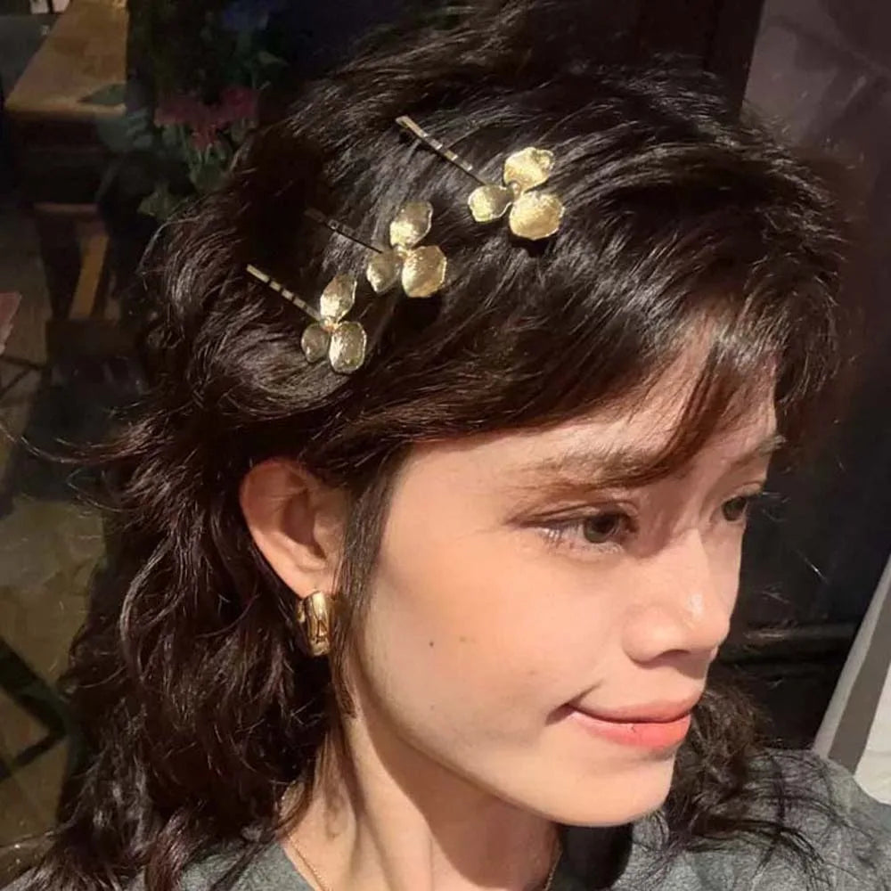 5pcs Elegant Golden Flower Hair Forks Hairstyle Tools French Style Pearl Side Clips Hair Accessories Retro Wave Alloy Barrettes