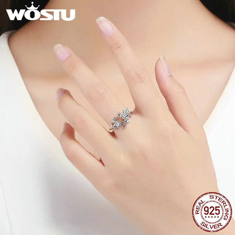 WOSTU 2019 New Design 925 Sterling Silver Flower Fairy Elf Ring Finger Adjustable Size Wedding Rings For Women Jewelry CTR025