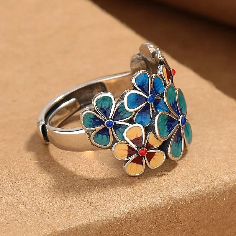 New Enamel Flowery Ring for Women with Atmospheric Retro Ethnic Style Opening Adjustable Creative Index Finger кольцо женское