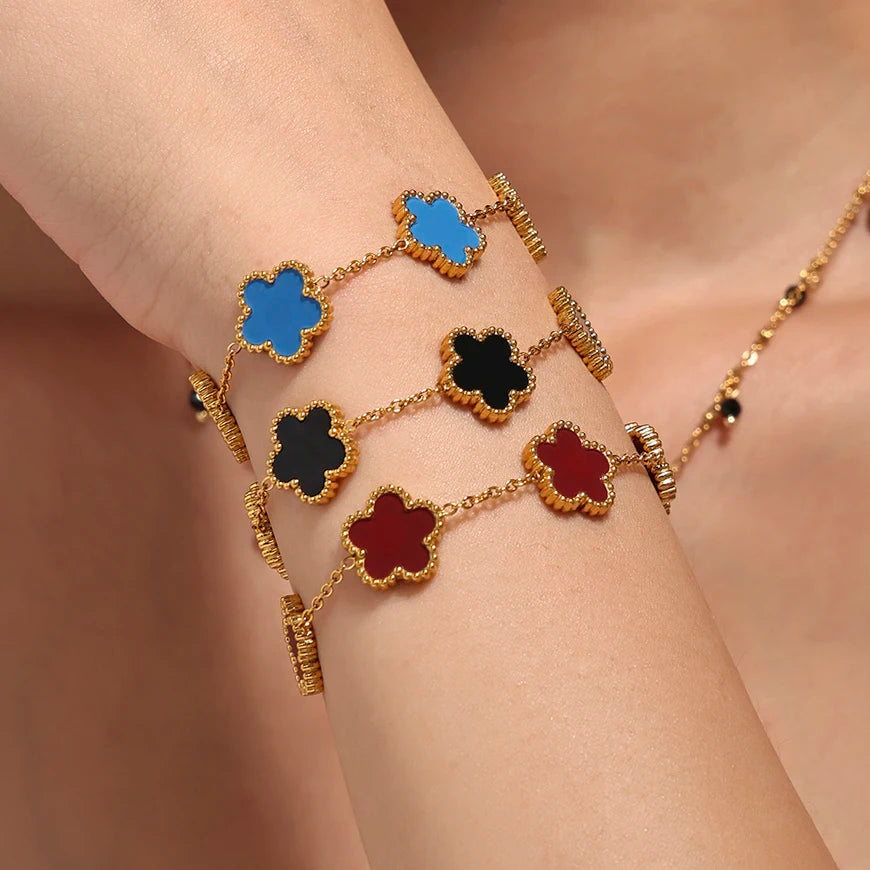 Fashion Five Petals Beautiful Bracelet for Women No Rusted Gold Plated Stainless Steel Agate Bangle Charm Luxury Jewelry Gift