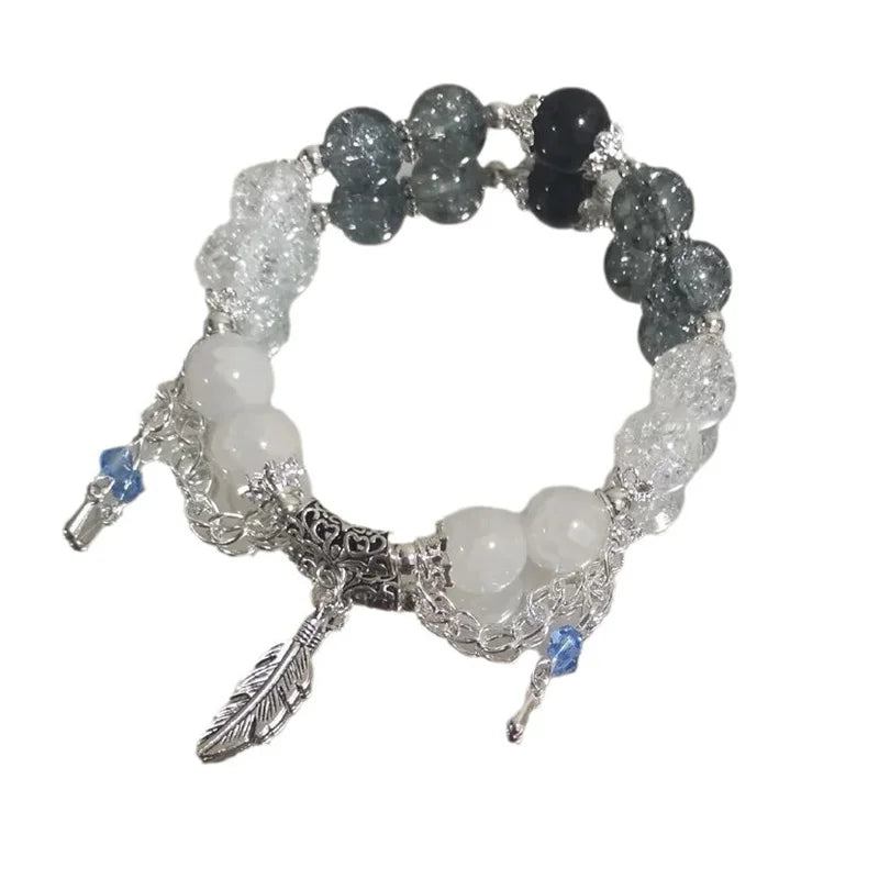 Fashion Design Gradient Crystal Beads Bracelet for Women Girls Vintage Butterfly Feather Maple Leaf Tassel Bracelet Jewelry Gift