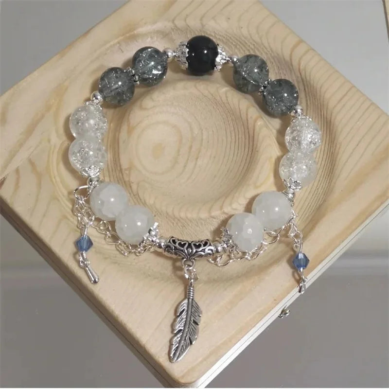 Fashion Design Gradient Crystal Beads Bracelet for Women Girls Vintage Butterfly Feather Maple Leaf Tassel Bracelet Jewelry Gift