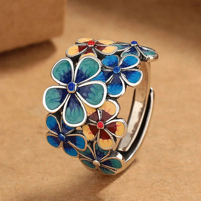 New Cloisonné Enamel Flowery Ring for Women with Atmospheric Retro Ethnic Style Opening Adjustable Creative Index Finger