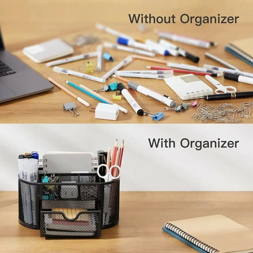 Office School Supplies With Drawer 9-Grid Storage Desk Organizer Stationery Container Metal Mesh Pen Holder
