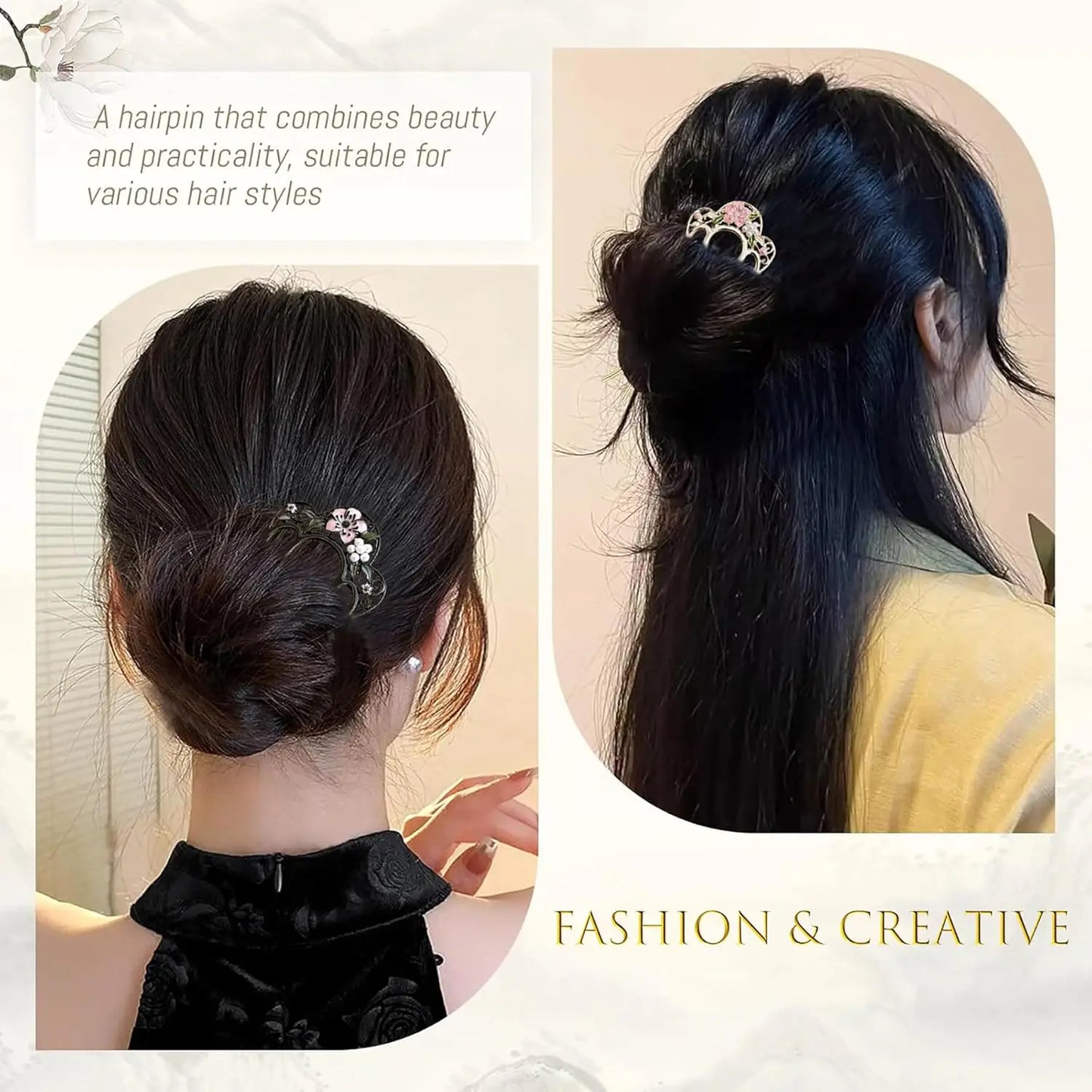 Flower Pattern U Shaped Hairpins Fashion Creative 4 Prong Hair Sticks Metal Hair Fork Hair Accessories
