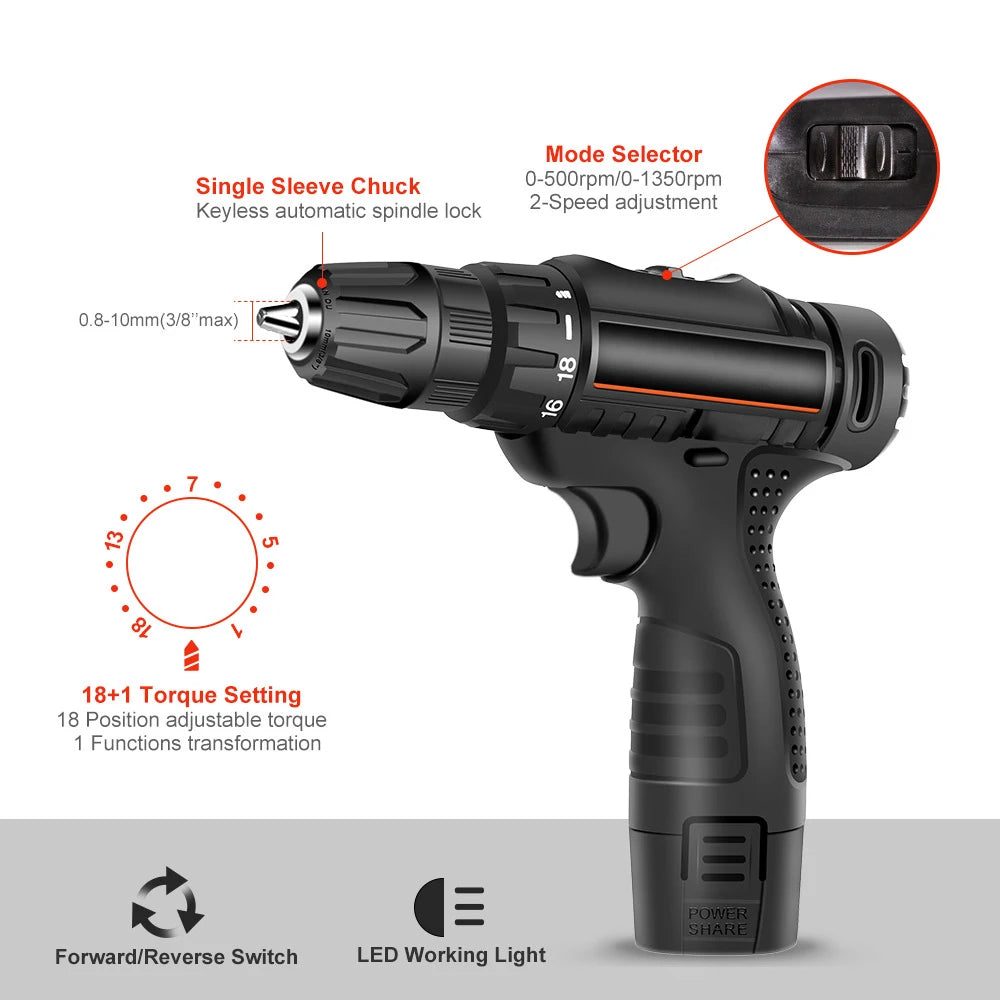 12V Electric Screwdriver Multi-functional Rechargeable Electric Screwdriver Electric Hand Drill Household Tools Black PC+Alloy