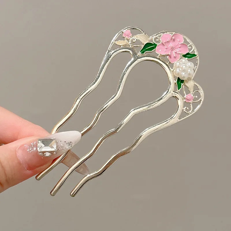 Flower Pattern U Shaped Hairpins Fashion Creative 4 Prong Hair Sticks Metal Hair Fork Hair Accessories