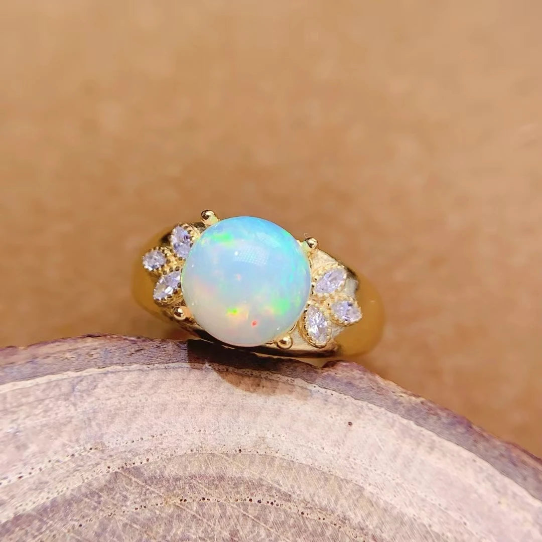 Luxury Australian Opal Ring 9mm 2ct Natural Opal 925 Silver Ring with 18K Gold Filled