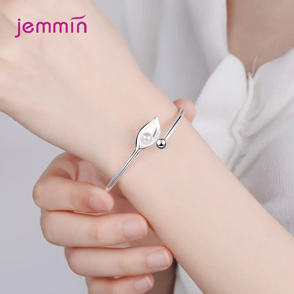 Fashion Cute Leaf And Pearls Chain Bracelets for Women 925 Sterling Silver Adjustbale Cuff Bracelet Bangle Jewelry