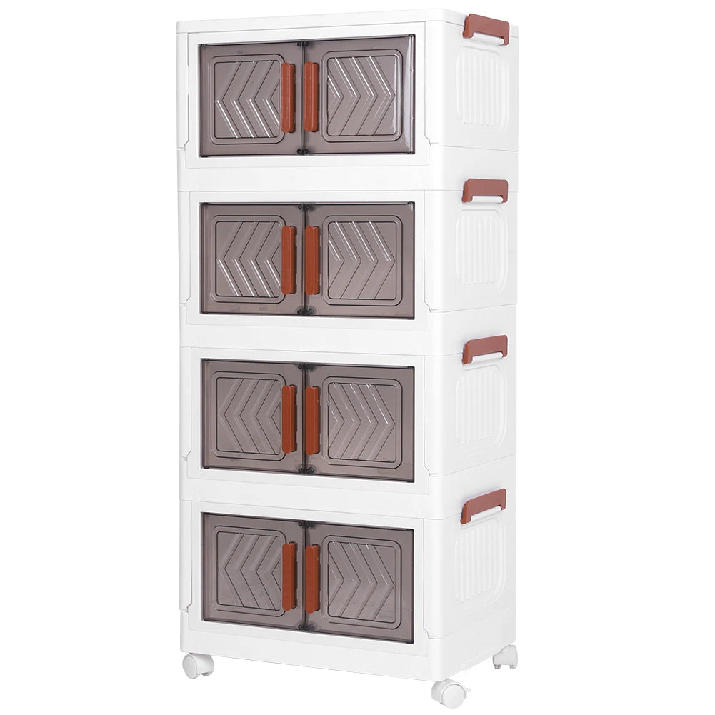 4 Tier Foldable Storage Bin With Doors & Wheels Folding Storage Selves Drawer PP+PET Stackable Organizer Box For Home Office
