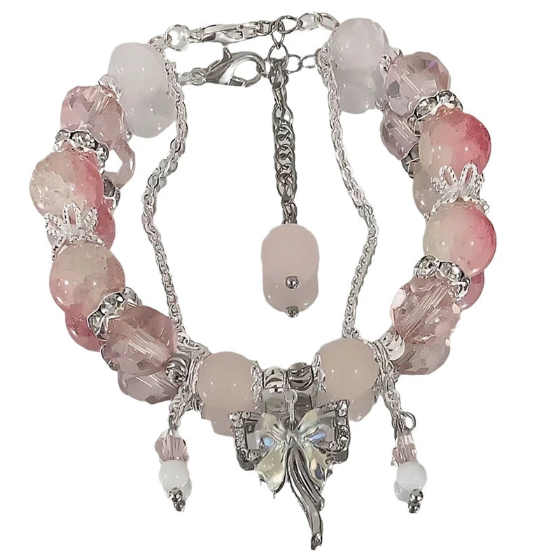 Fashion Butterfly Beaded Bracelets For Women Girls Imitation Jade Bohemian Crystal Charm Elastic Rope Bracelet Hand Jewelry