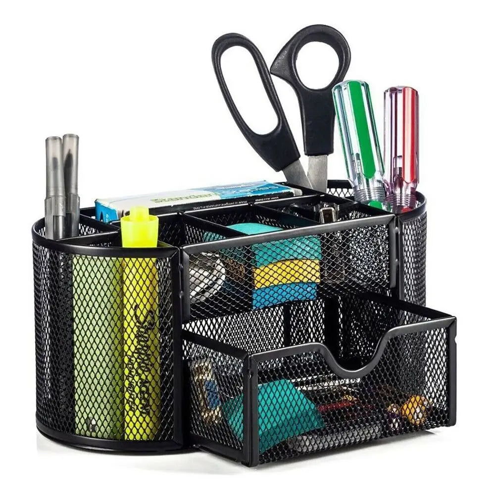 Office School Supplies With Drawer 9-Grid Storage Desk Organizer Stationery Container Metal Mesh Pen Holder