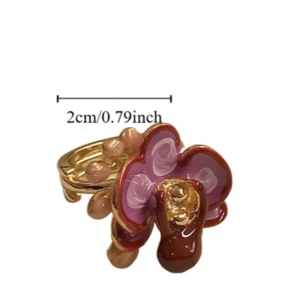 Sweet Drip Oil Flower Ring Butterfly Orchid Ins Style Enamel Finger Ring Trendy White Iris Flower French Irregular Ring Girls
