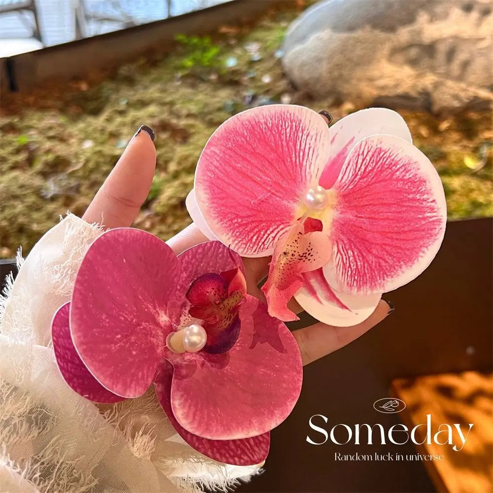 Simple Cloth Flower Hair Clip Butterfly Orchid Pearl Orchid Flower Hairpin Korean Style Bohemian Style Girl Hair Clip Seaside