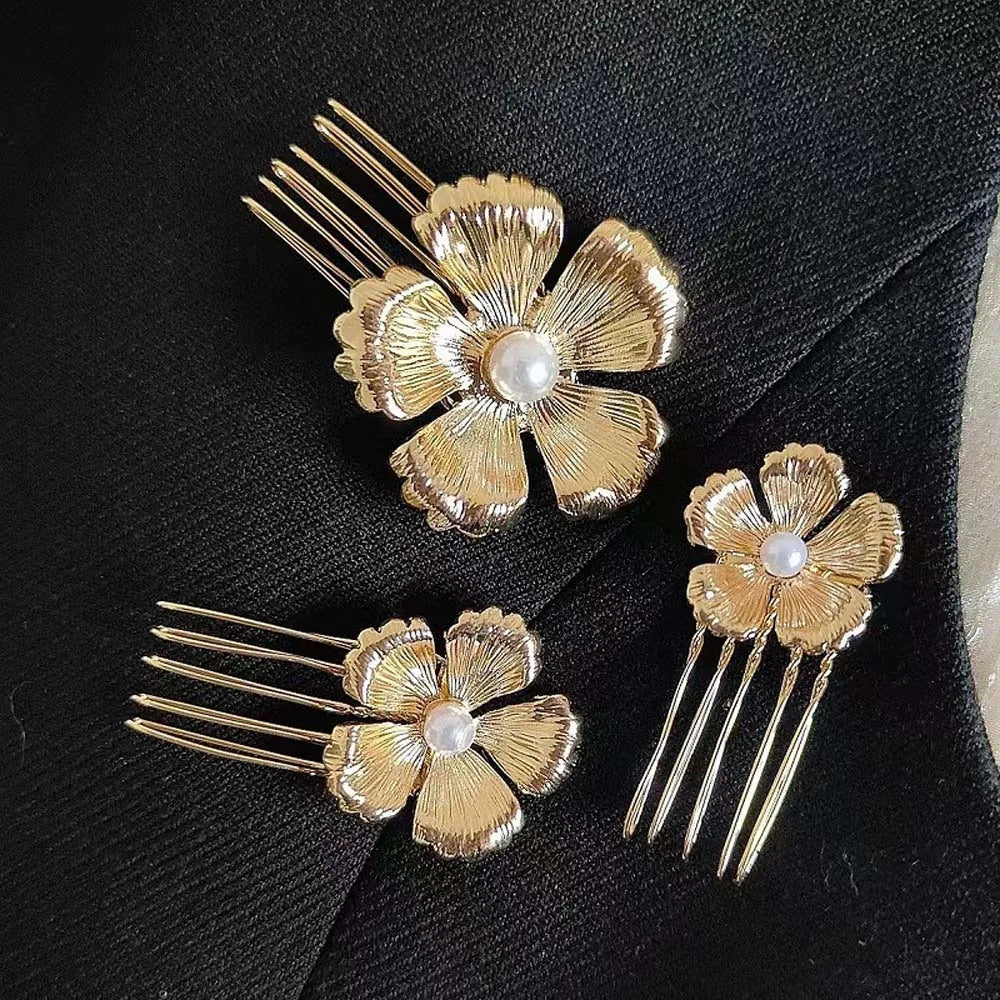 5pcs Elegant Golden Flower Hair Forks Hairstyle Tools French Style Pearl Side Clips Hair Accessories Retro Wave Alloy Barrettes