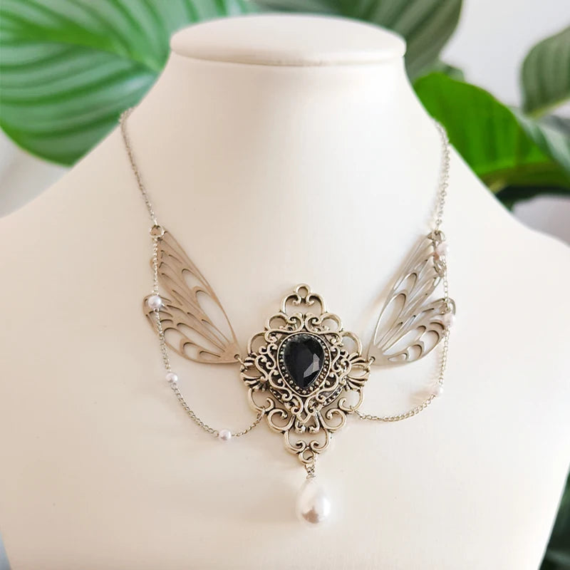 Witch Fairy Elves Butterfly Wings with Crystal Pendant Chain Necklace Forest Fairy Jewelry for women