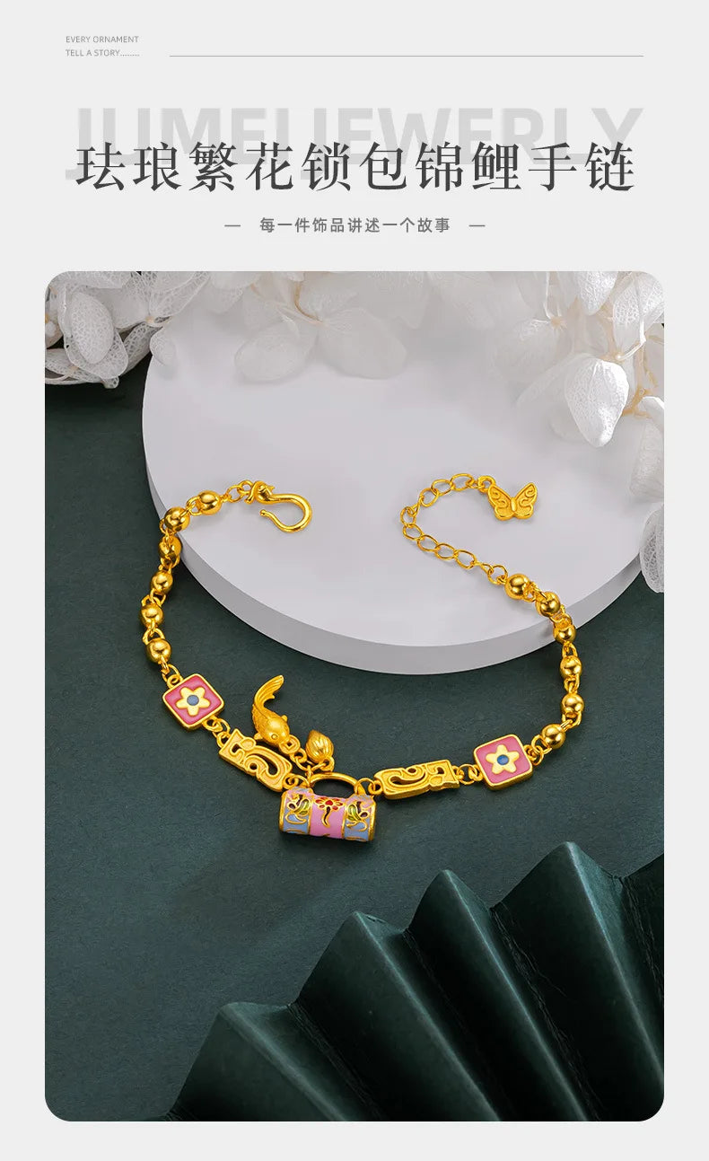 24K AU999 Gold 'Blossom Lock & Koi' Bracelet for Women - Floral Lock with Leaping Koi, High-Purity Gold, Lucky & Elegant
