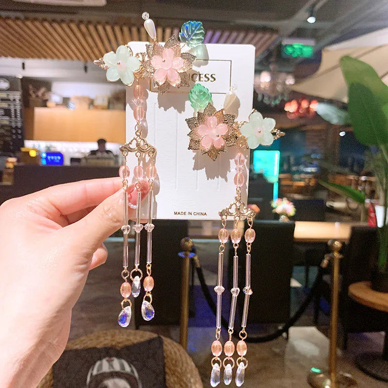 1pair Chinese Style flower Hairpin Cute Girl Candy Color Tassel Butterfly Hair Clip Retro Hanfu Barrettes Women's Hair Accessori