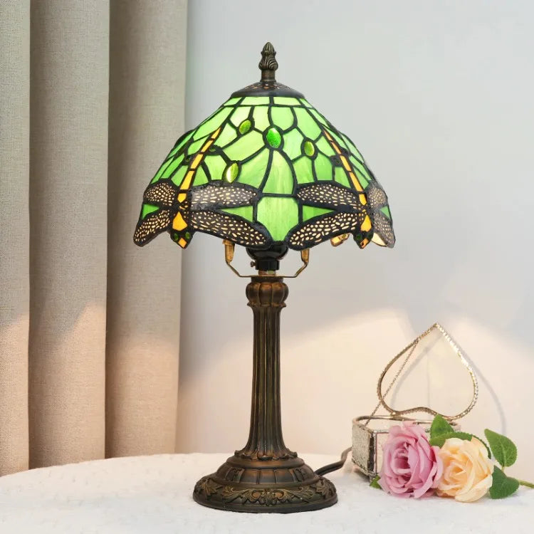 Stained Glass Table Lamp, Antique Green Tiffany Style Reading Light for Bedroom, Living Room and Office Decor Lampara Salon