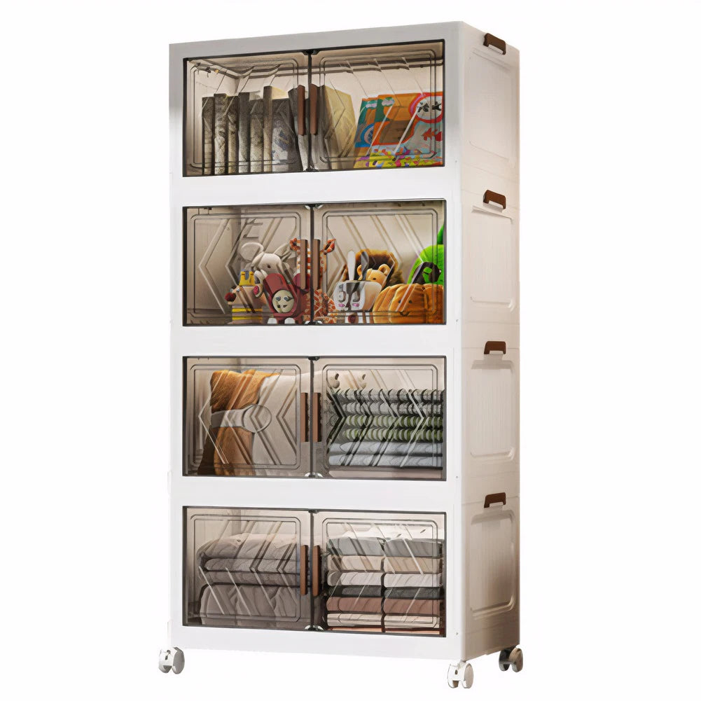4 Tier Foldable Storage Bin With Doors & Wheels Folding Storage Selves Drawer PP+PET Stackable Organizer Box For Home Office
