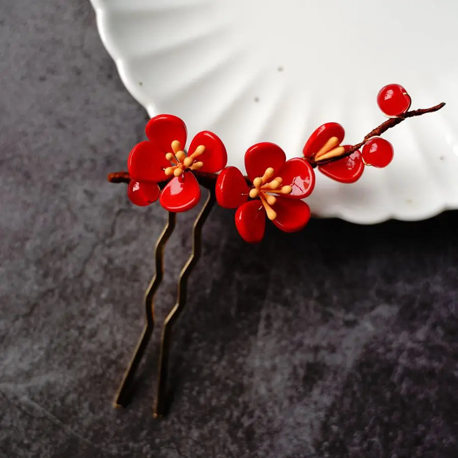 U Shaped Red Hairpins Hair Clips Wedding Hair Accessories For Women Rose Flower Headpieces Forks Bride Headdress Hair Jewelry